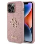 GUESS Apple iPhone 15 Pro Max fiksuotas blizgučių 4G metalo logotipo dėklas rožinis