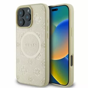 GUESS Apple iPhone 16 Pro Max Saffiano Peony Stamp MagSafe dėklas Auksinis