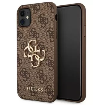 GUESS iPhone 11 / XR kietas dėklas 4G su dideliu metaliniu logotipu, ruda