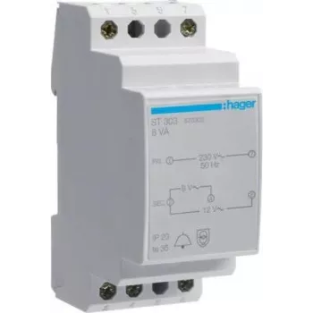 Hager ST303 durų skambučio transformatorius 230V į 8V/12V 8VA 2 moduliai