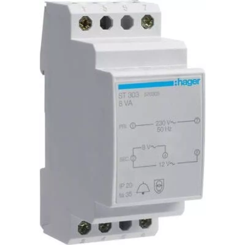 Hager ST303 durų skambučio transformatorius 230V į 8V/12V 8VA 2 moduliai