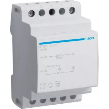 HAGER ST305 durų skambučio transformatorius 230V į 8/12V AC 8VA DIN bėgelis