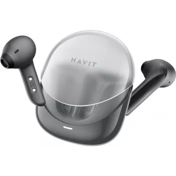 HAVIT Modern Buds tikros belaidės stereo ausinės su Bluetooth 5.3, ENC mikrofonu, IPX4 atsparumu vandeniui, jutikliniais valdikliais, žemo delsos žaidimų režimu, USB-C įkrovimo dėklu, juodos