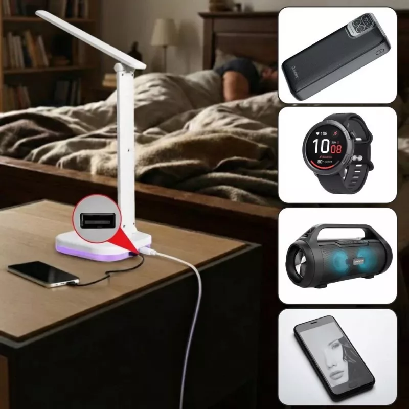 Hawk HWDL001WH LED stalinė lempa balta, 7W jutiklinis reguliavimas, 3 spalvų temperatūros, USB įkrovimo prievadas