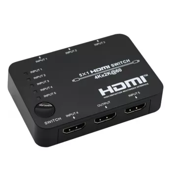 HDCVT HDS-B51 5x1 HDMI 2.0 jungiklis 4K@60Hz HDR10 Dolby Vision HDCP 2.2 18Gbps su IR nuotolinio valdymo pultu