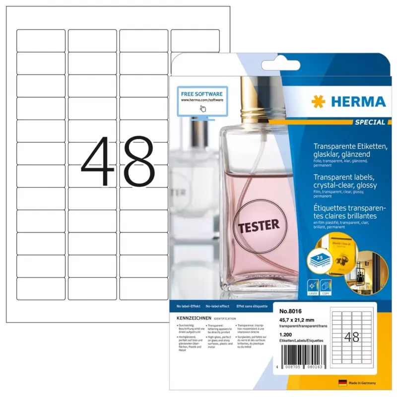 HERMA 8016 skaidrūs blizgūs poliesterio lipdukai A4 45,7 x 21,2 mm 1200 lipdukų