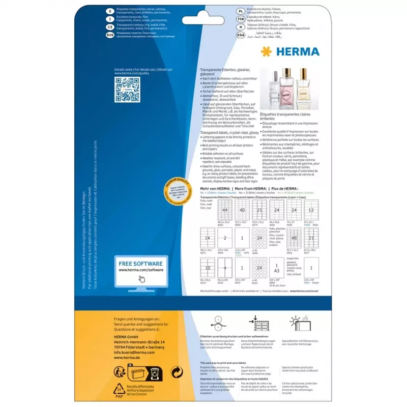 HERMA 8016 skaidrūs blizgūs poliesterio lipdukai A4 45,7 x 21,2 mm 1200 lipdukų