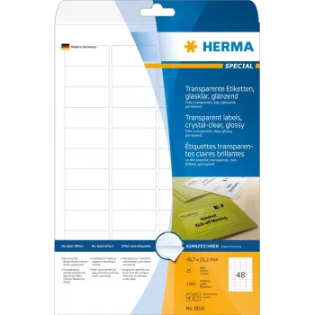 HERMA 8016 skaidrūs blizgūs poliesterio lipdukai A4 45,7 x 21,2 mm 1200 lipdukų