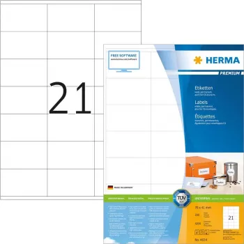 HERMA Premium 4634 nuolatinio lipnumo savaiminio klijavimo matiniai laminuoto popieriaus etiketės, baltos, 70 x 41 mm, 4200 etikečių (200 lapų x 21)