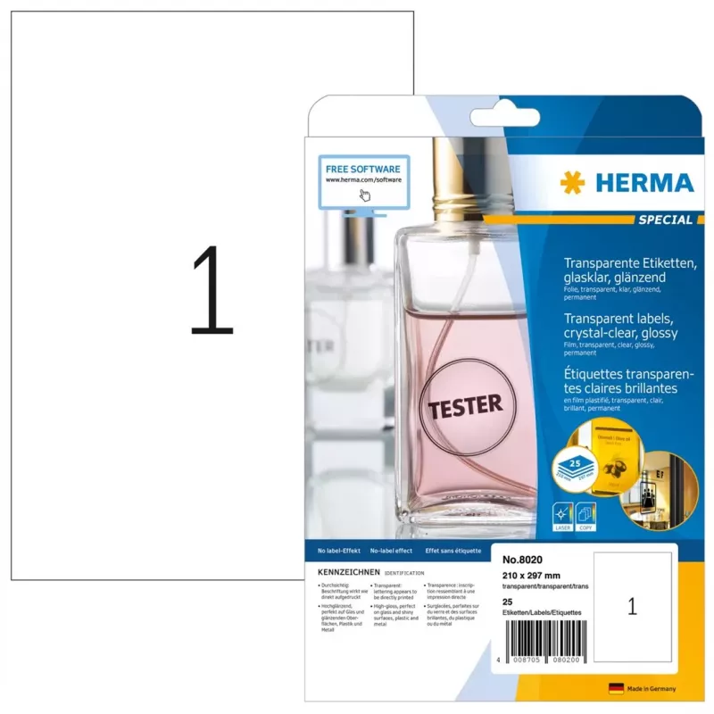 HERMA Special blizgūs permatomi A4 savaiminio klijavimo poliesterio plėvelės etiketės, 25 lapai