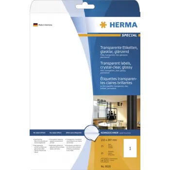 HERMA Special blizgūs permatomi A4 savaiminio klijavimo poliesterio plėvelės etiketės, 25 lapai