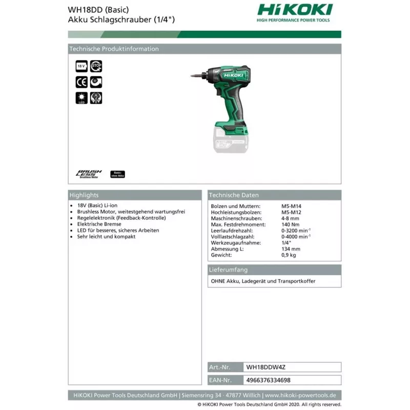 HIKOKI WH18DD 18V belaidis smūginis veržliaraktis, 0-3200 aps./min., 0-400 sm./min.