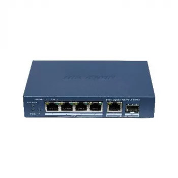Hikvision DS-3E1506P-EI/M-4P1T1F(O-STD) nevaldomas komutatorius su 4 prievadais PoE+, 1 Gigabit RJ45 ir 1 SFP magistrale