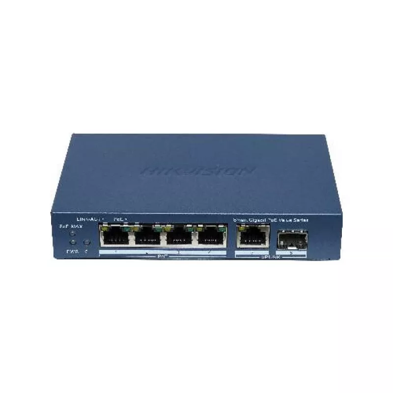 Hikvision DS-3E1506P-EI/M-4P1T1F(O-STD) nevaldomas komutatorius su 4 prievadais PoE+, 1 Gigabit RJ45 ir 1 SFP magistrale