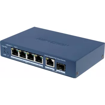 Hikvision DS-3E1506P-EI/M-4P1T1F(O-STD) nevaldomas komutatorius su 4 prievadais PoE+, 1 Gigabit RJ45 ir 1 SFP magistrale