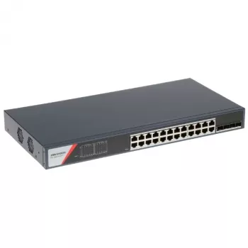 Hikvision DS-3E1528-SI-24T4F Layer 2 valdomas PoE jungiklis, 24 PoE prievadai, 4 SFP aukštutinės jungtys, 370W PoE biudžetas