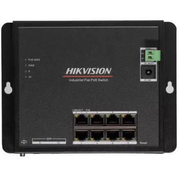 Hikvision DS-3T1510P-SI-FLT(O-STD) 10 prievadų pramoninis išmanusis valdomas PoE+ komutatorius su 8 Gigabit PoE+ prievadais ir 2 SFP, 120W biudžetas, DIN bėgelis, be maitinimo šaltinio