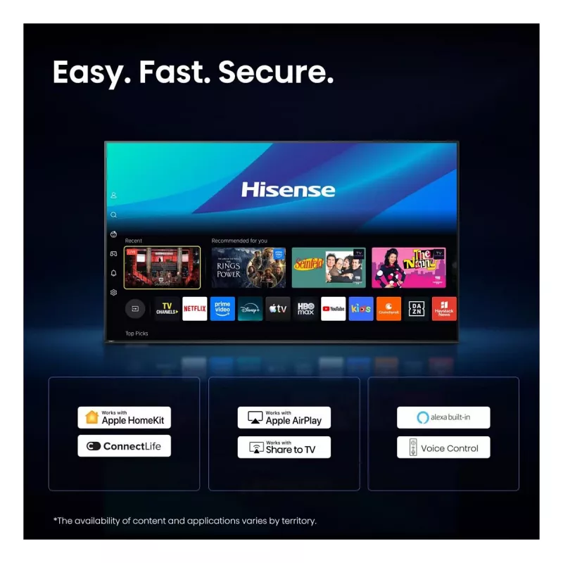 HISENSE 75 colių 4K Ultra HD išmanusis televizorius (DLED, VIDAA U5.0, HDR10, Dolby Vision, 60Hz, 8ms, 3 HDMI, 2 USB, LAN, Wi-Fi, Bluetooth, VESA 400x400, 25.5kg)