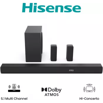 Hisense AX5100Q 5.1.2 kanalų 510W Dolby Atmos garso juosta su belaidžiu žemųjų dažnių garsiakalbiu ir galiniais garsiakalbiais 20015174