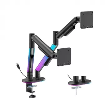 HISMART Dviejų monitorių dujų spyruoklės laikiklis 17-35 inch ekranams su RGB apšvietimu, juodas