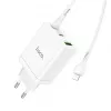 HOCO 35W Dual USB-C + USB-A PD & QC3.0 sieninis įkroviklis su USB-C į Lightning kabeliu, baltas