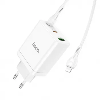 HOCO 35W Dual USB-C + USB-A PD & QC3.0 sieninis įkroviklis su USB-C į Lightning kabeliu, baltas