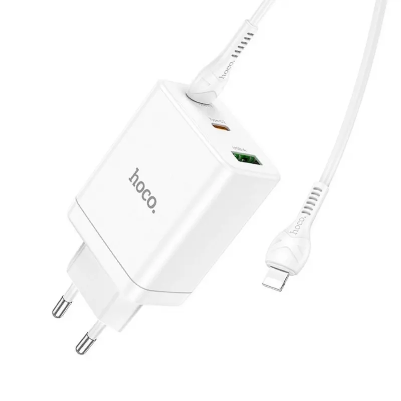 HOCO 35W Dual USB-C + USB-A PD & QC3.0 sieninis įkroviklis su USB-C į Lightning kabeliu, baltas