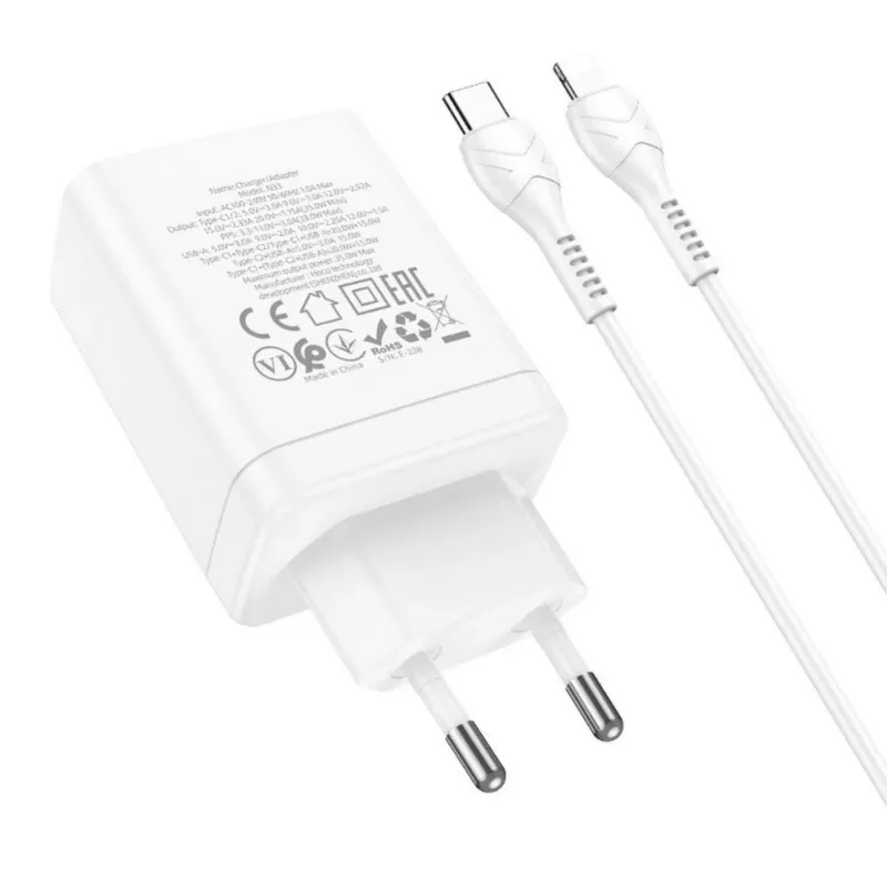HOCO 35W Dual USB-C + USB-A PD & QC3.0 sieninis įkroviklis su USB-C į Lightning kabeliu, baltas