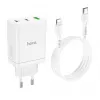 HOCO 35W Dual USB-C + USB-A PD & QC3.0 sieninis įkroviklis su USB-C į Lightning kabeliu, baltas