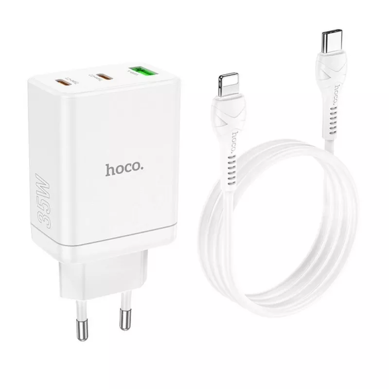 HOCO 35W Dual USB-C + USB-A PD & QC3.0 sieninis įkroviklis su USB-C į Lightning kabeliu, baltas