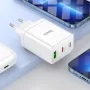 HOCO 35W Dual USB-C + USB-A PD & QC3.0 sieninis įkroviklis su USB-C į Lightning kabeliu, baltas