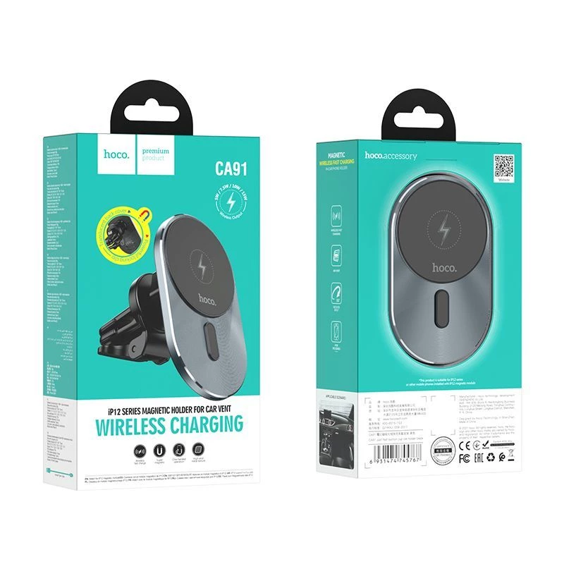 Hoco CA91 Magic Magnetic Wireless Fast Charging Car Holder, 15W, Grey