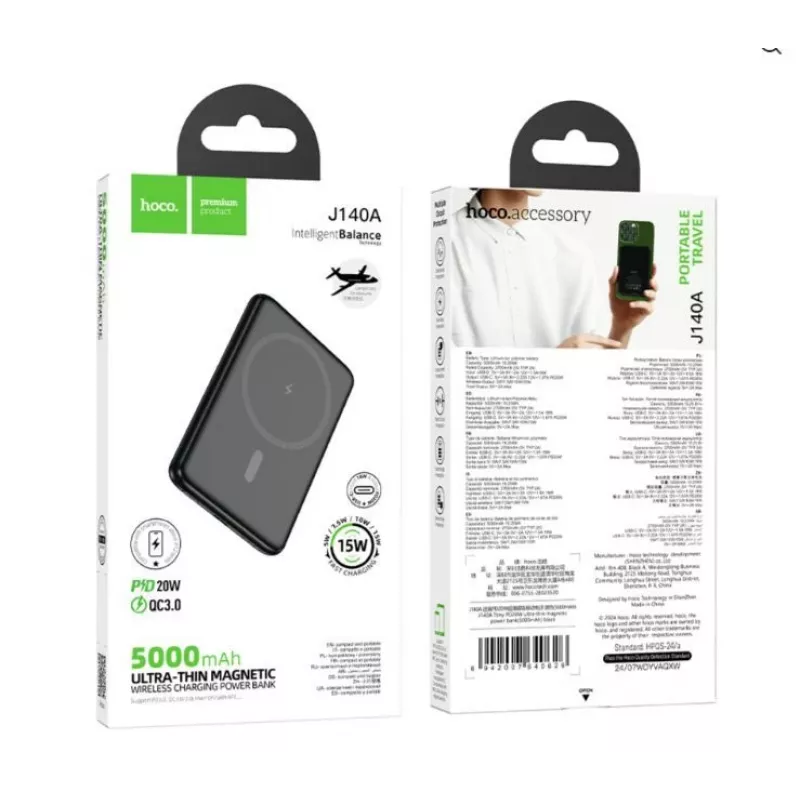 Hoco J140A Tony PD20W Ultra-Thin Magnetic Power Bank (5000mAh) Black