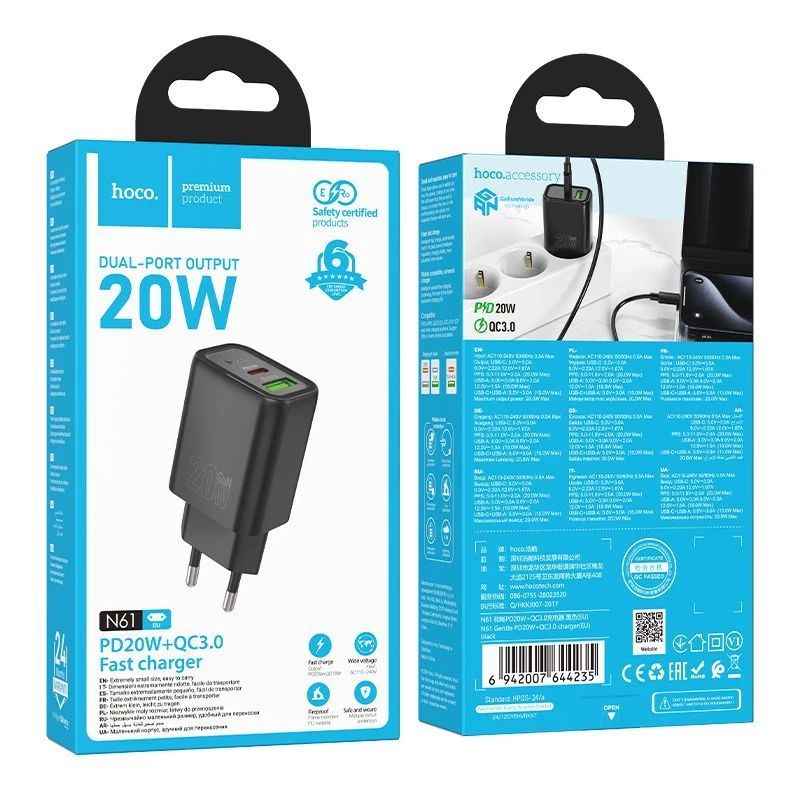 Hoco N61 Gentle PD20W+QC3.0 Įkroviklis (ES) Juodas
