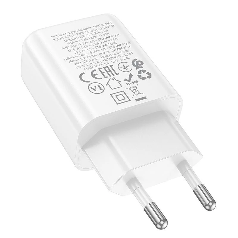 Hoco N61 Gentle PD20W+QC3.0 įkroviklis (ES) Baltas