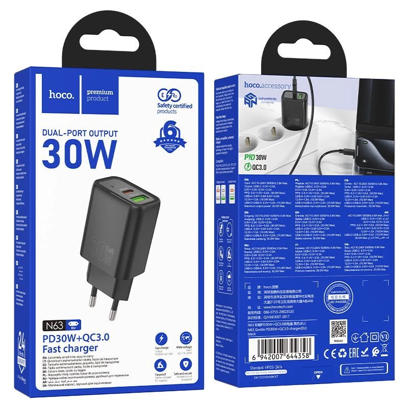 Hoco N63 Gentle PD30W+QC3.0 Įkroviklis (ES) Juodas