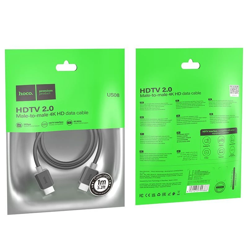 Hoco US08 HDTV 2.0 Male-to-Male 4K HD duomenų laidas (1m) Juoda