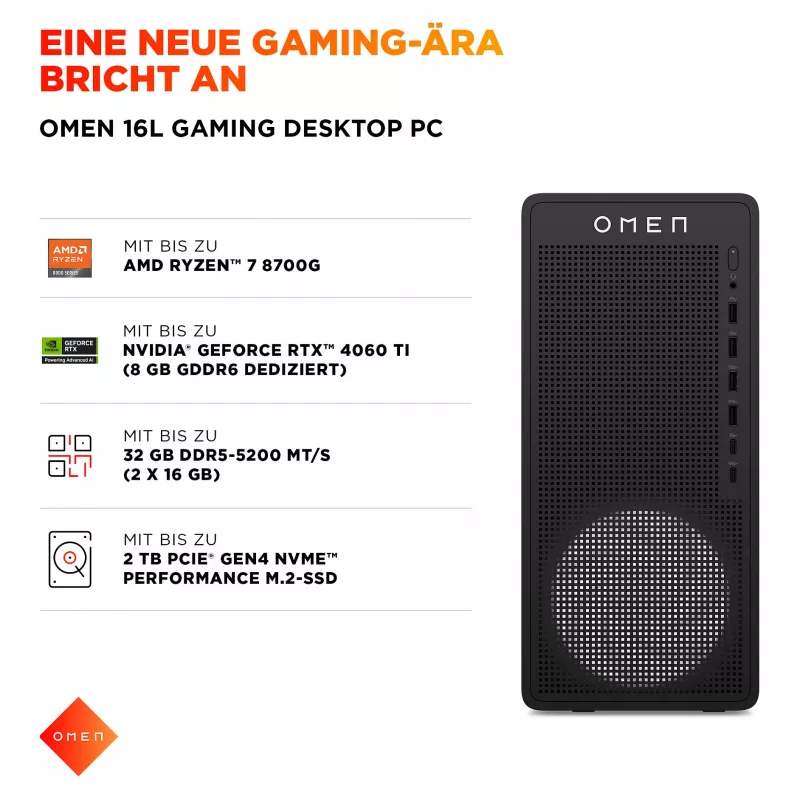 HP OMEN 16L TG03-0472ng žaidimų stalinis kompiuteris, AMD Ryzen 7 8700F, 16GB DDR5, 512GB SSD, RTX 5050, Windows 11 Home