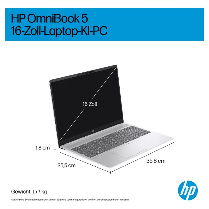 HP OmniBook 5 16-af1450ngx, 16 colių WUXGA IPS, AMD Ryzen 5 7225U, 16GB DDR5, 512GB SSD, Windows 11 Home, Natural Silver, vokiška klaviatūra