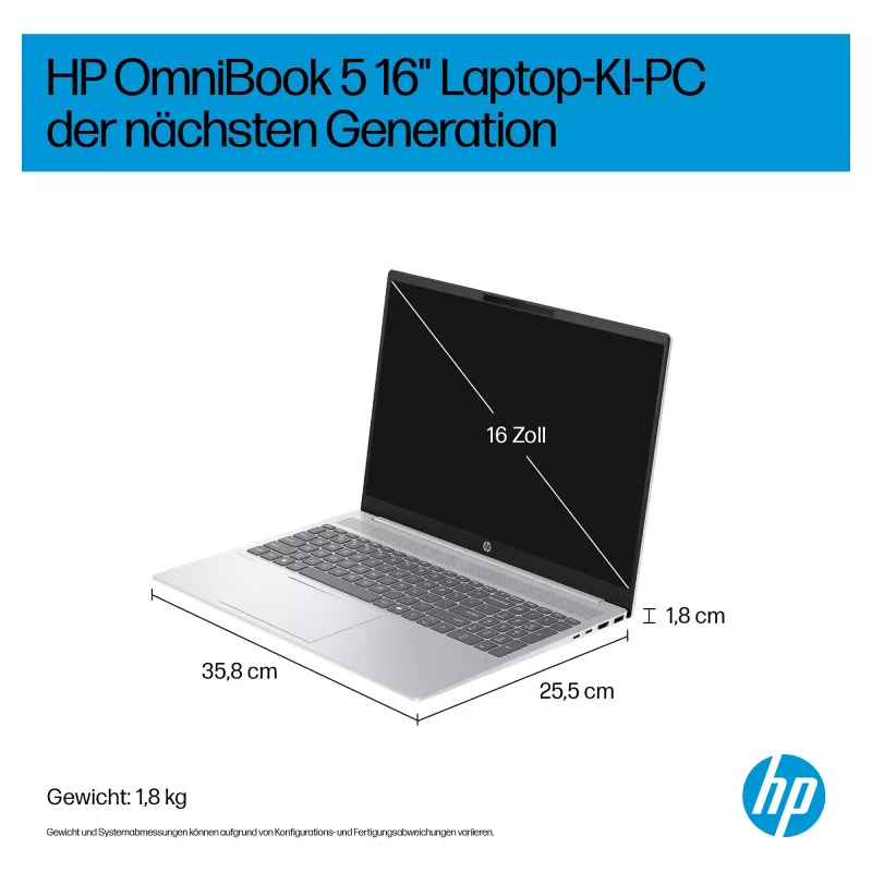 HP OmniBook 5 16-ag1451ngx AMD Ryzen AI 5 330 16GB 512GB SSD W11 Home 16 colių WUXGA nešiojamas kompiuteris (Natural Silver, vokiška QWERTZ)