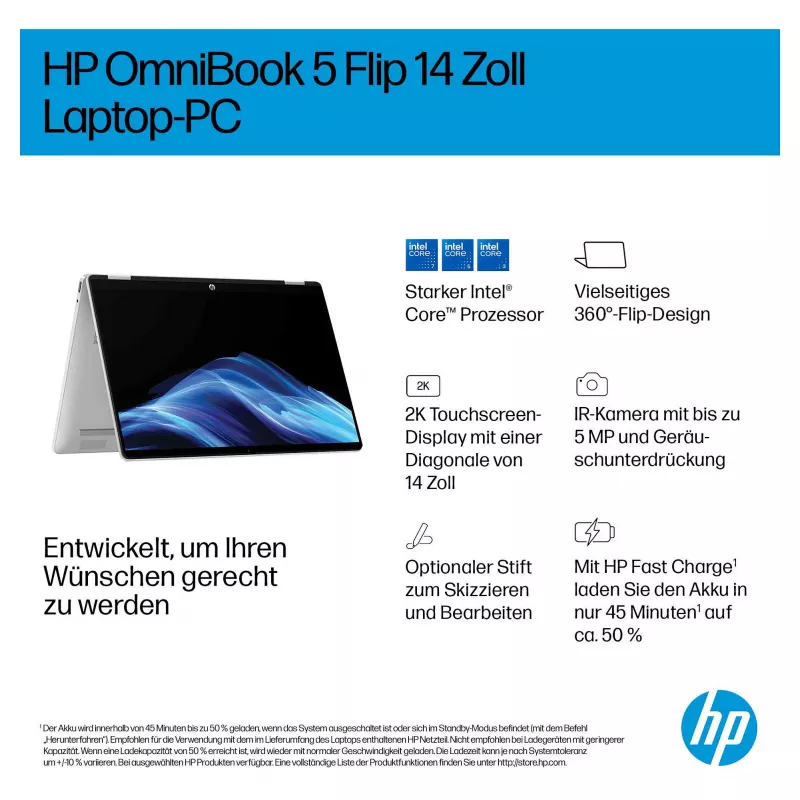 HP OmniBook 5 Flip 14-fp0450ngx 2-in-1 nešiojamas kompiuteris, Intel Core 5 120U, 16GB RAM, 512GB SSD, 14 colių Touch FHD, Windows 11 Home, vokiška klaviatūra