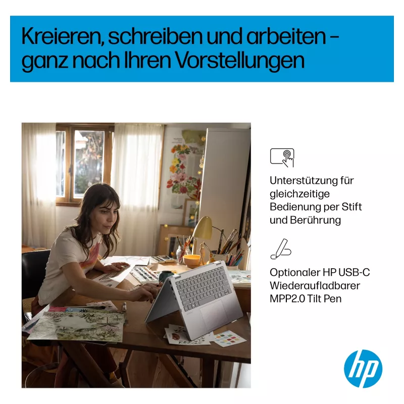 HP OmniBook 5 Flip 14-fp0470ngx 2-in-1 nešiojamasis kompiuteris, 14 colių FHD jutiklinis ekranas, Intel Core 7 150U, 16GB RAM, 512GB SSD, Windows 11 Home, natūralus sidabras, vokiška klaviatūra
