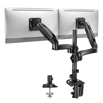 Huanuo HNDS8 Dvigubas monitoriaus laikiklis 13-32 colių ekranams, dujinės spyruoklės ranka, stalinis spaustukas / grommet, VESA 75x75 ir 100x100, juoda