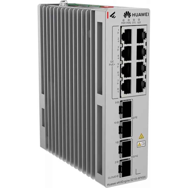 HUAWEI S210I-8P4SX pramoninis eterneto komutatorius, 8x GE PoE+ varinis, 2x GE SFP, 2x 10GE SFP+, DIN bėgelis, dvigubas DC 98012933