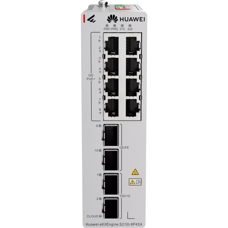 HUAWEI S210I-8P4SX pramoninis eterneto komutatorius, 8x GE PoE+ varinis, 2x GE SFP, 2x 10GE SFP+, DIN bėgelis, dvigubas DC 98012933