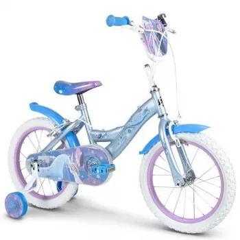 Huffy Frozen 16 colių mergaičių dviratis su pagalbiniais ratukais, priekiniu krepšeliu ir kojiniu stabdžiu