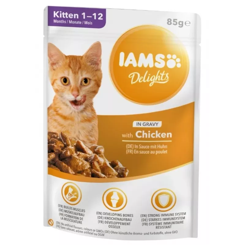 IAMS Delights Kačiukas Vištiena padaže šlapias kačių maistas, 12 x 85g pakeliai