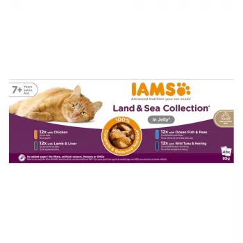 IAMS Senior mėsos ir žuvies mišinys želė šlapias kačių maistas – 48 x 85 g pakeliai