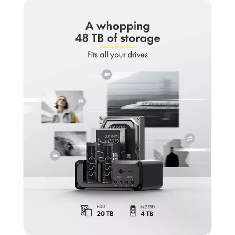 Icy Box Club Case 2925 4 lizdų prijungimo stotelė – 2x M.2 NVMe ir 2x 2.5/3.5 SATA HDD/SSD, USB 3.2 Gen 2 (10 Gbps)
