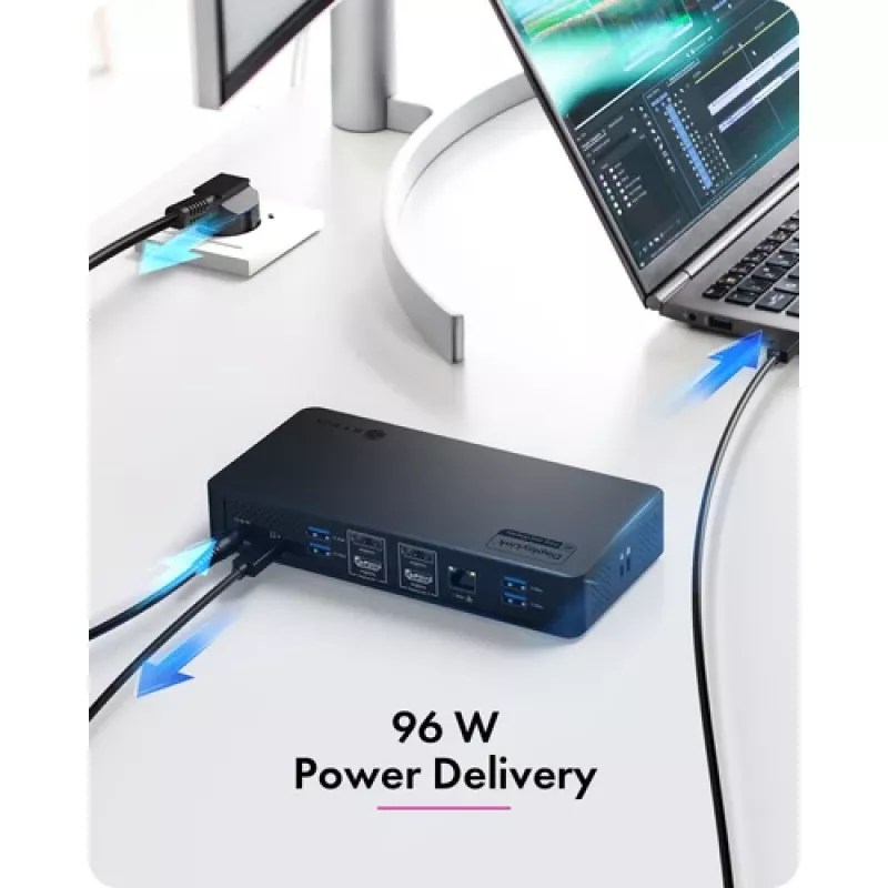 ICY BOX Heart Dock 2255 11-in-1 prijungimo stotelė, DisplayLink DL-6950, 2x HDMI/DP 4K@60Hz, 96W Power Delivery, Gigabit LAN, USB-C/A 10Gbps